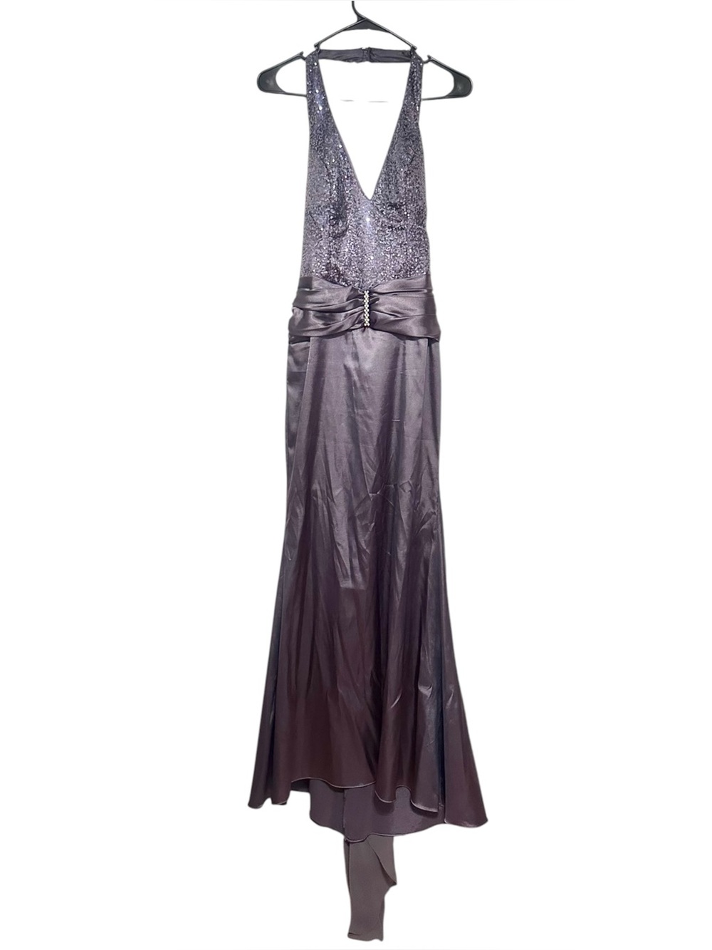 Vintage Lenovia Y2K Charcoal Gray Halter Formal Dress Gown Sequin Ruched